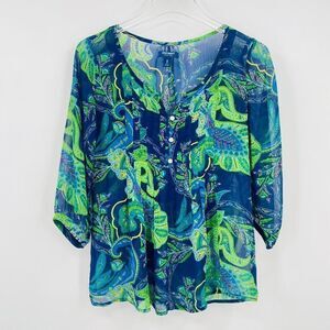Old Navy Size XS Blue & Green Paisley Print Sheer Boho 3/4 Sleeve Blouse Top